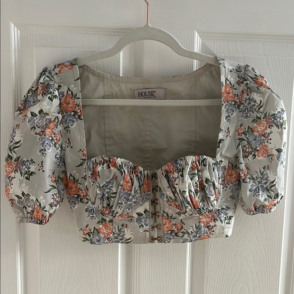 Floral Puff Sleeve Crop Top - Multicolor